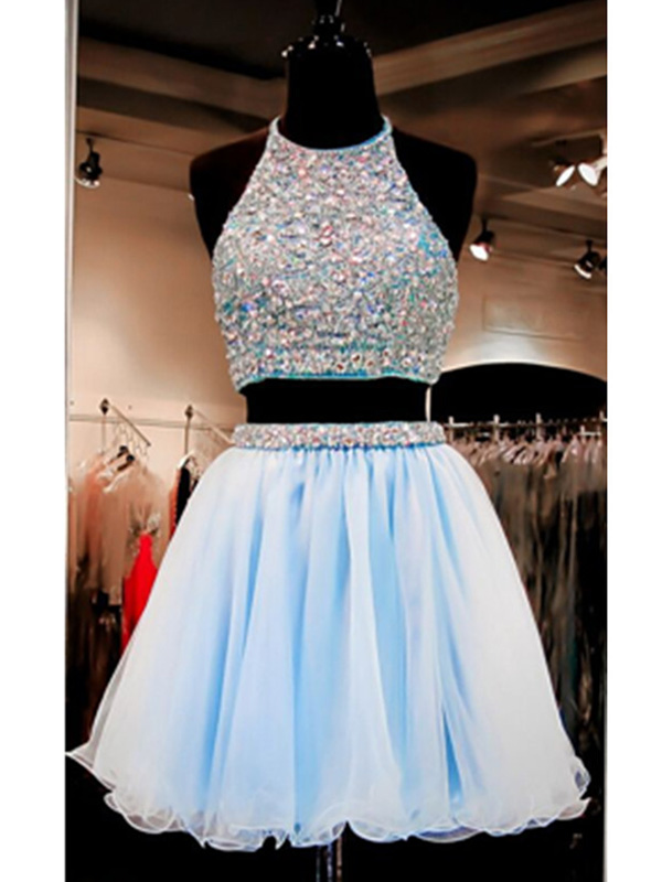 Two Piece Prom Dresseslight Sky Blue A Line Halter Short Mini Chiffon Homecoming Dress Short