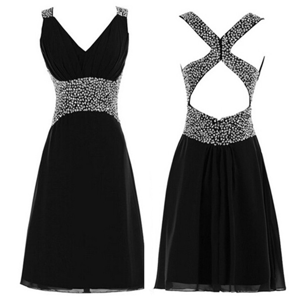 Black Prom Dresses,Black Aline Vneck Kneelength Chiffon